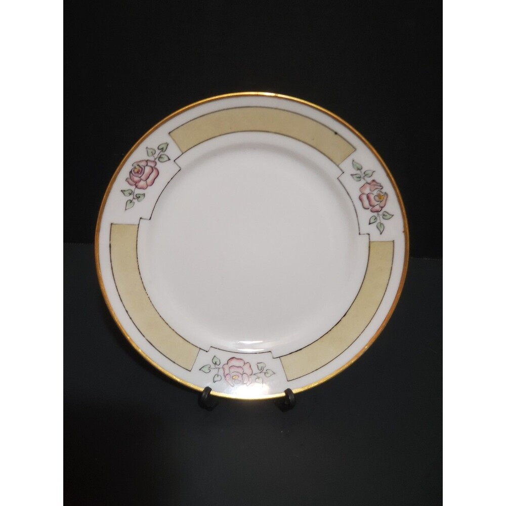 Royal China Japan RCJ1 Plate Art Deco Pink Rose Yellow Band Gold Trim 1937 Vtg